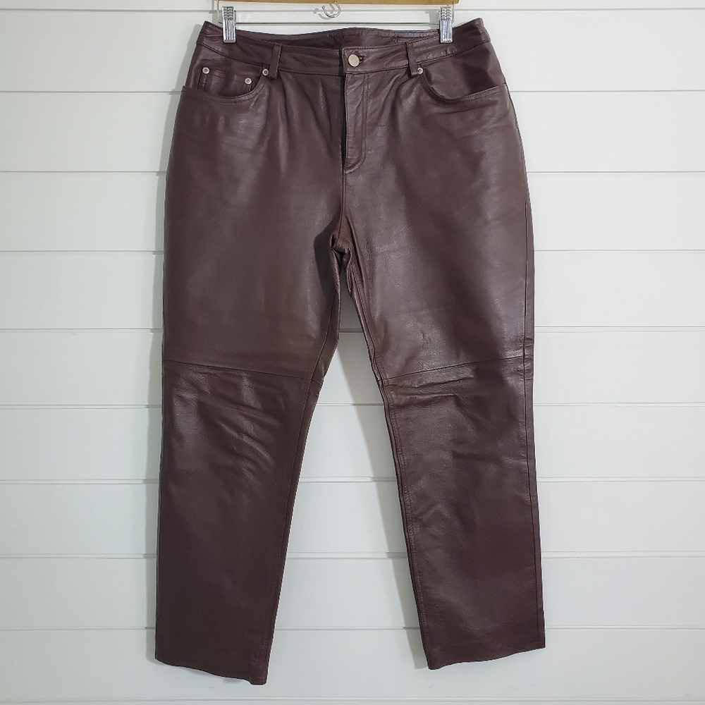 Newport News Jeanology 100% Leather Pants Brown Women’s. Size: 14P